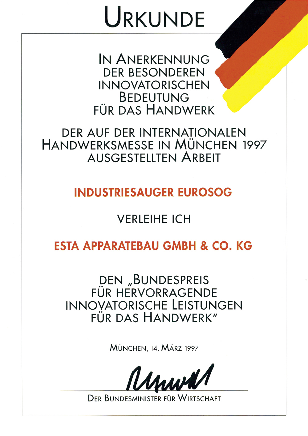 Certificate for the industrial vacuum cleaner EUROSUG.